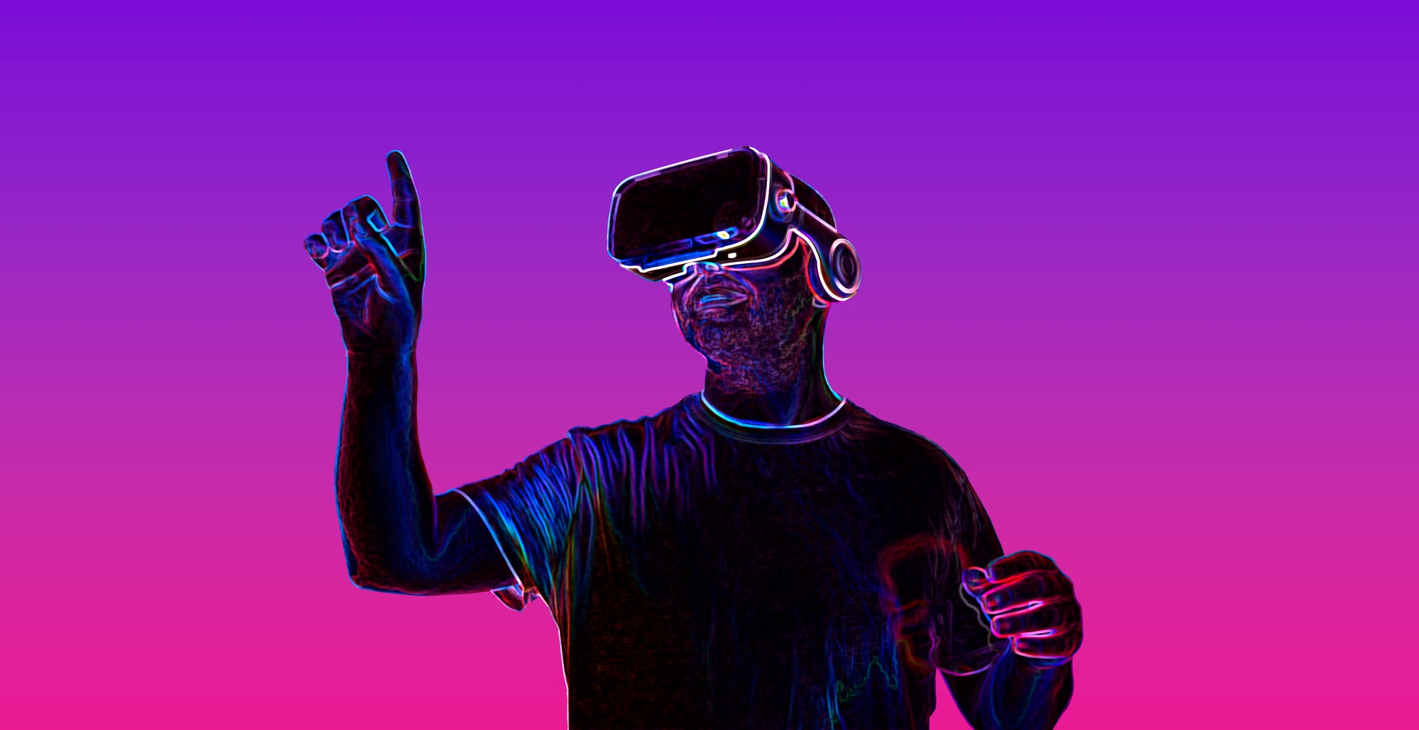 Young man wearing vr glasses with neon light. future world virtual universe.